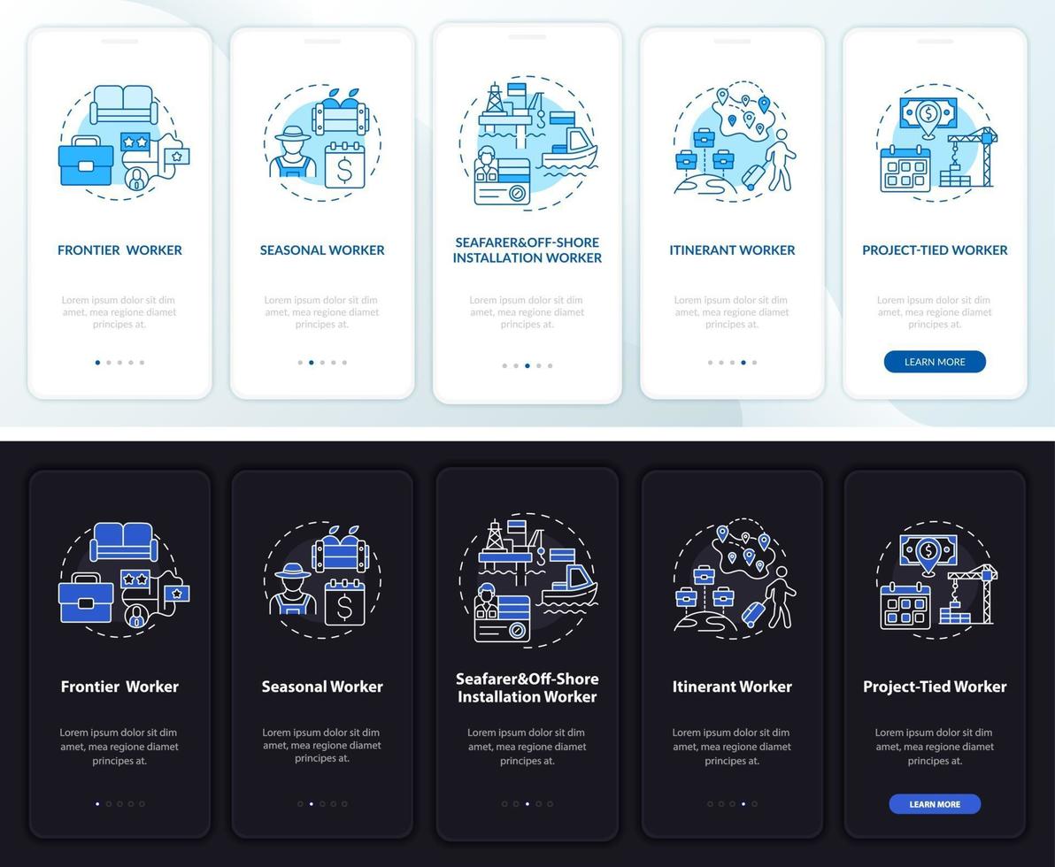 types de travailleurs immigrés écran de page d'application mobile d'intégration avec des concepts vecteur