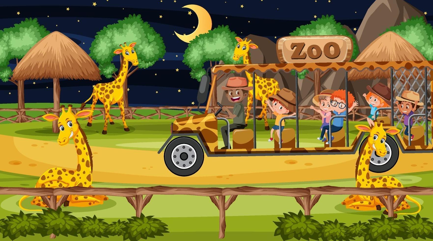 safari de nuit avec de nombreux enfants regardant un groupe de girafes vecteur