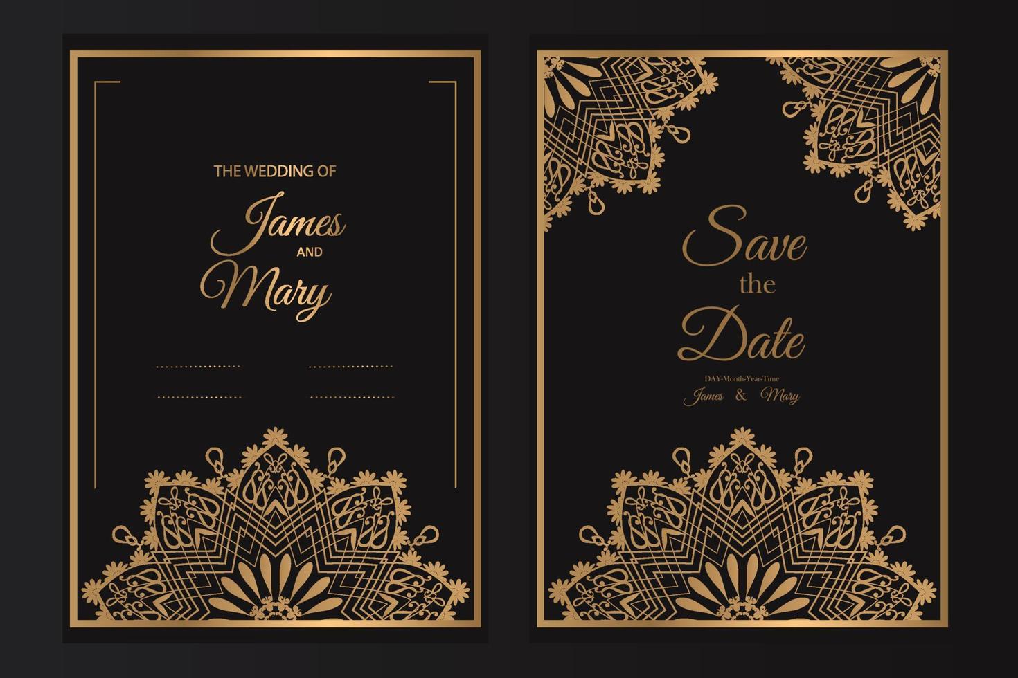 mariage invitation carte conception avec d'or mandala et abstrait modèle, invitation carte avec luxe d'or modèle conception sur une noir Contexte vecteur