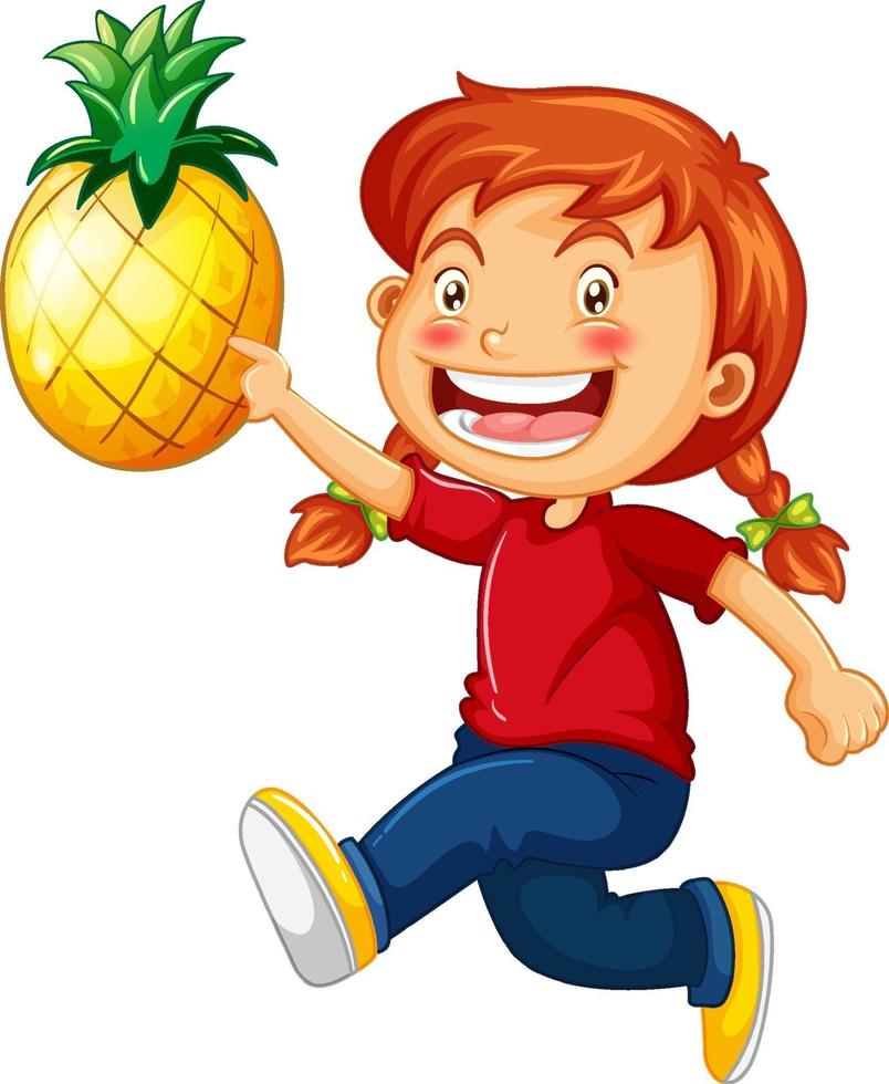 personnage de dessin animé fille heureuse tenant un ananas vecteur