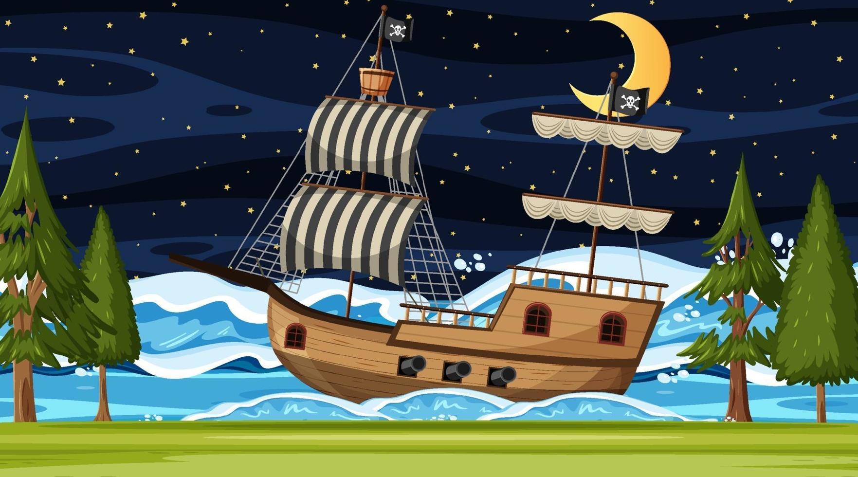 océan avec bateau pirate à la scène de nuit en style cartoon vecteur