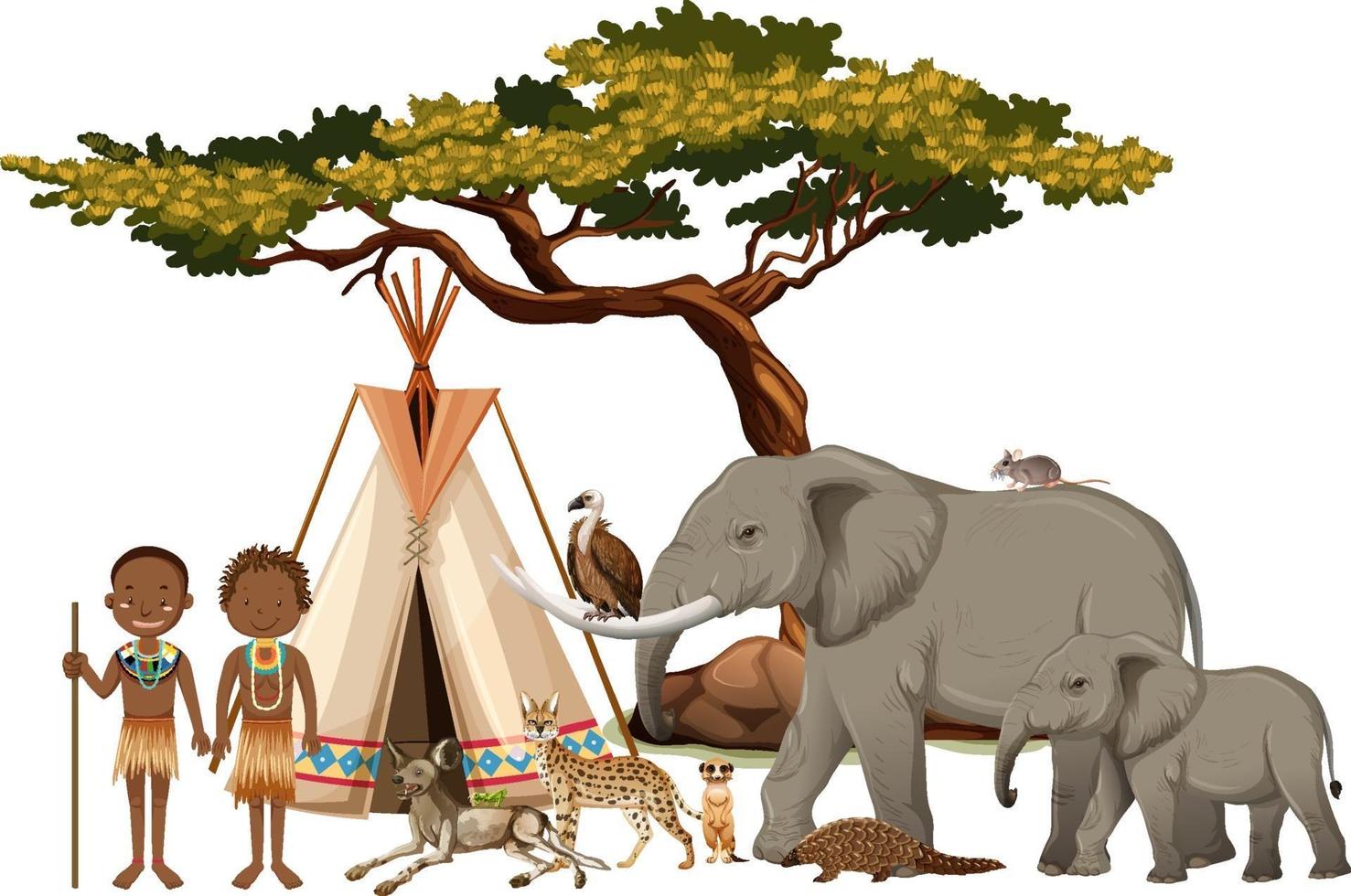 Tribu africaine avec groupe d'animaux africains sauvages sur fond blanc vecteur