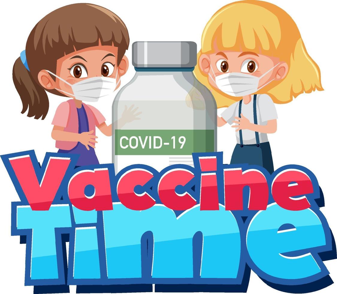 police de temps de vaccin avec des filles portant un masque et une bouteille de vaccin covid19 vecteur