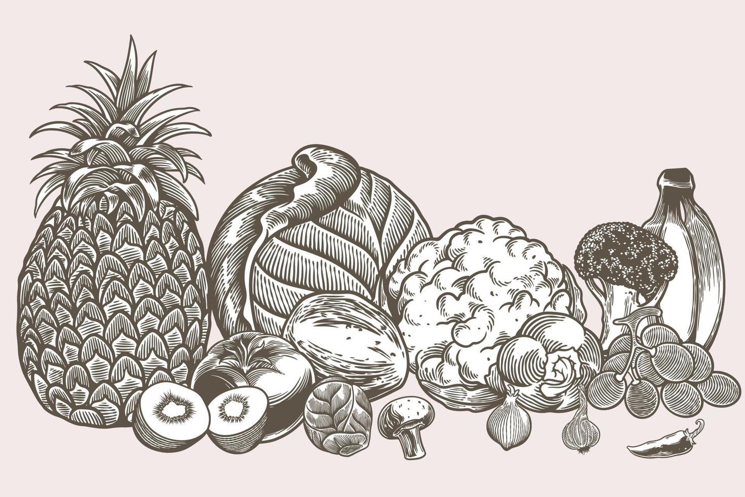 Ensemble de doodle d'icônes de nourriture végétalienne dessinés à la main comprenant la tomate, la pomme de terre, l'ail, le raisin, la banane, le brocoli, le chou, etc. vecteur