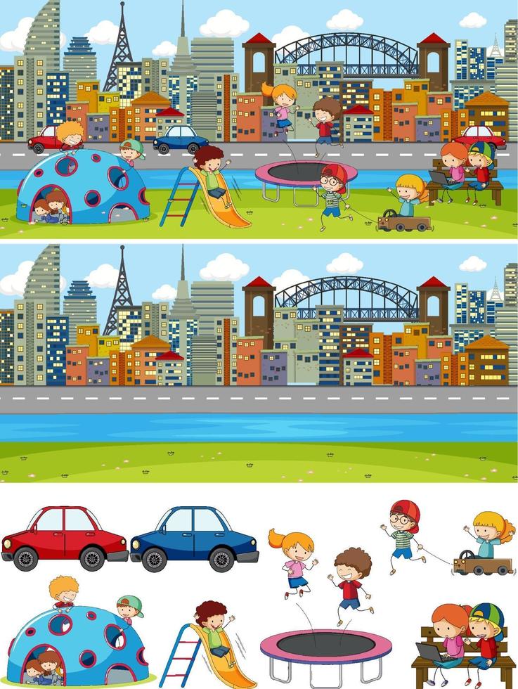 ensemble de fond de scènes horizontales différentes avec personnage de dessin animé enfants doodle vecteur