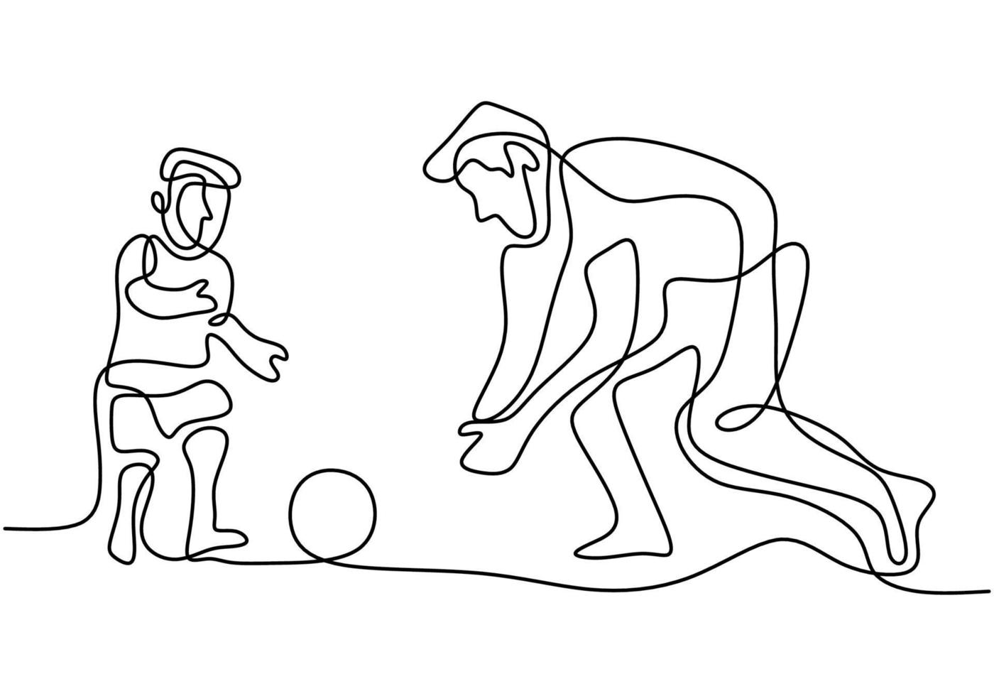 Une ligne continue dessinant un jeune père jouant au football avec son fils dans un parc public. concept parental heureux isolé sur fond blanc. vecteur