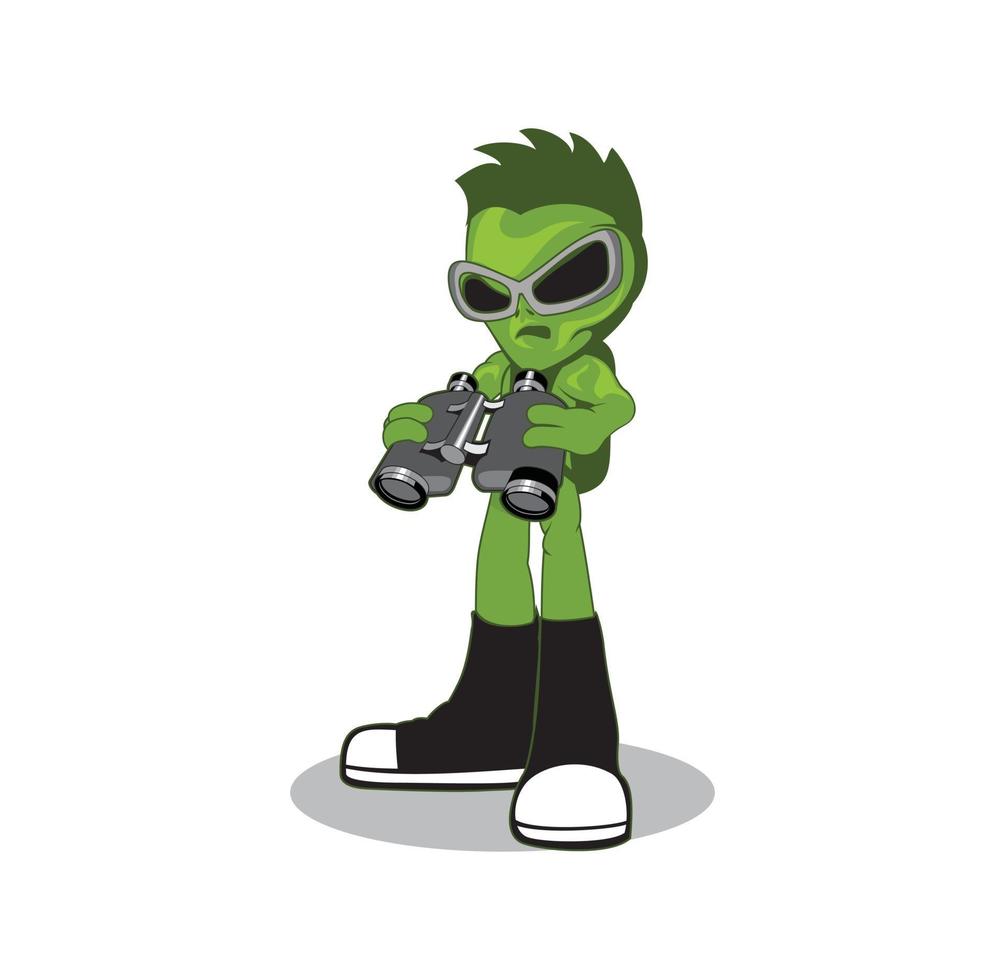 personnage extraterrestre vert portant des chaussures, un sac à dos et des lunettes de soleil tenant des jumelles vecteur
