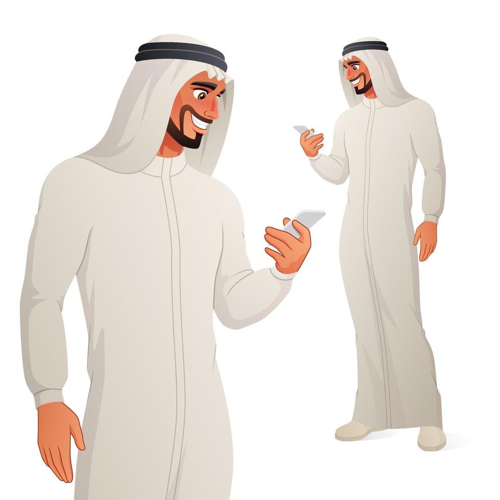 homme arabe vérifiant son smartphone. personnage de vecteur de dessin animé isolé sur fond blanc.