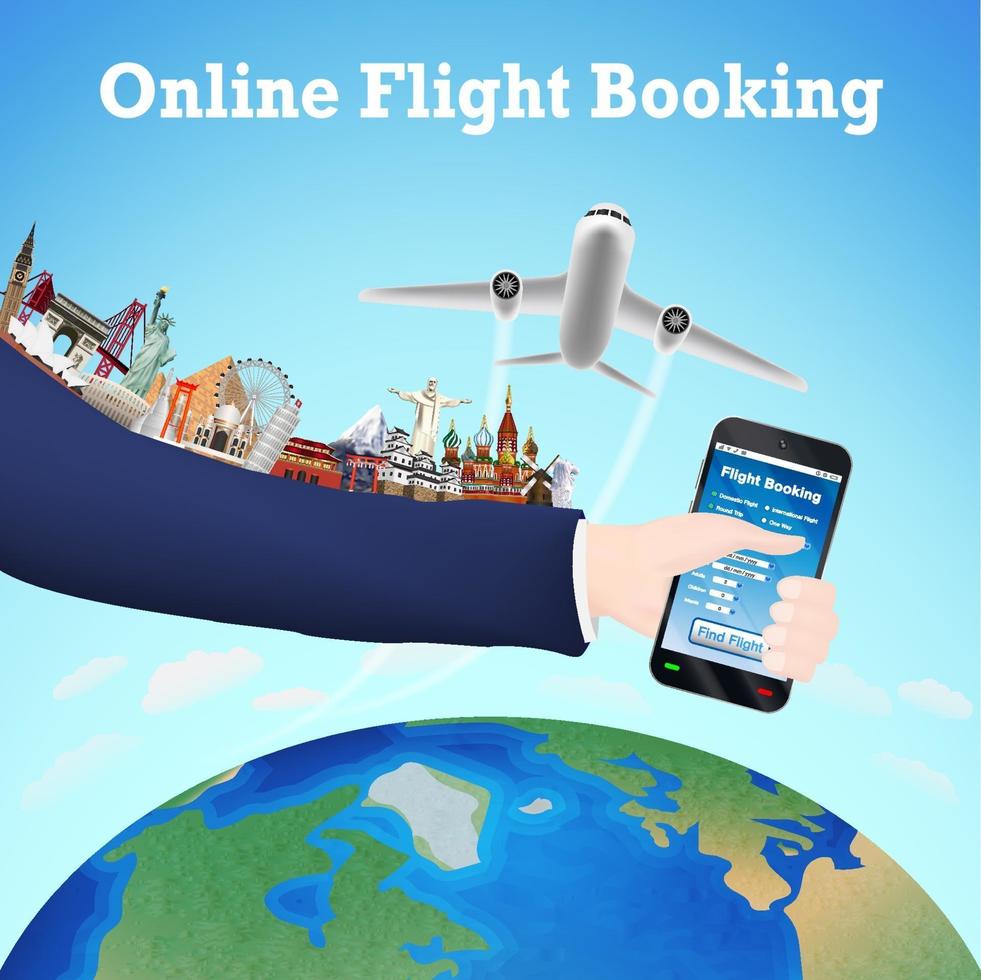 réservation de vol en ligne avec ordinateur portable avec repères de voyage vecteur
