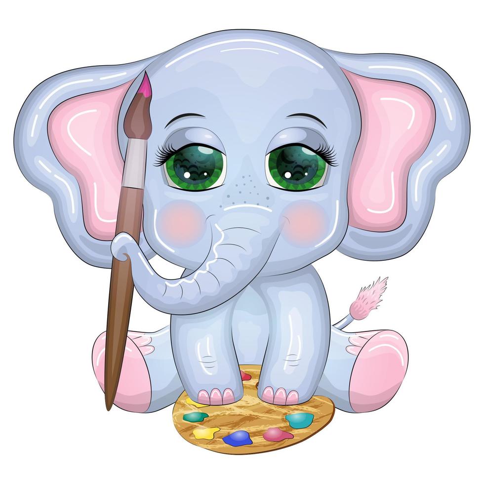 mignonne dessin animé éléphant, enfant personnage avec magnifique yeux avec des peintures et brosse, artiste vecteur