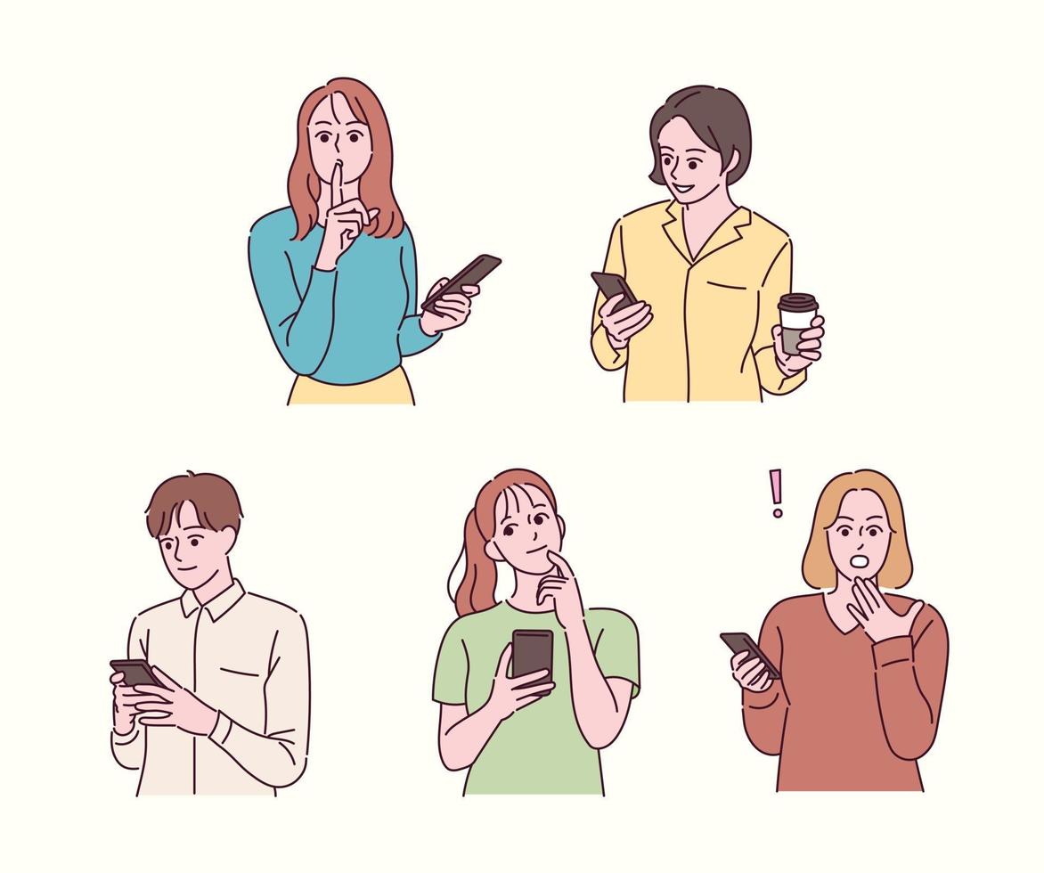 diverses réactions aux personnes détenant des téléphones portables. illustrations de conception de vecteur de style dessiné à la main.