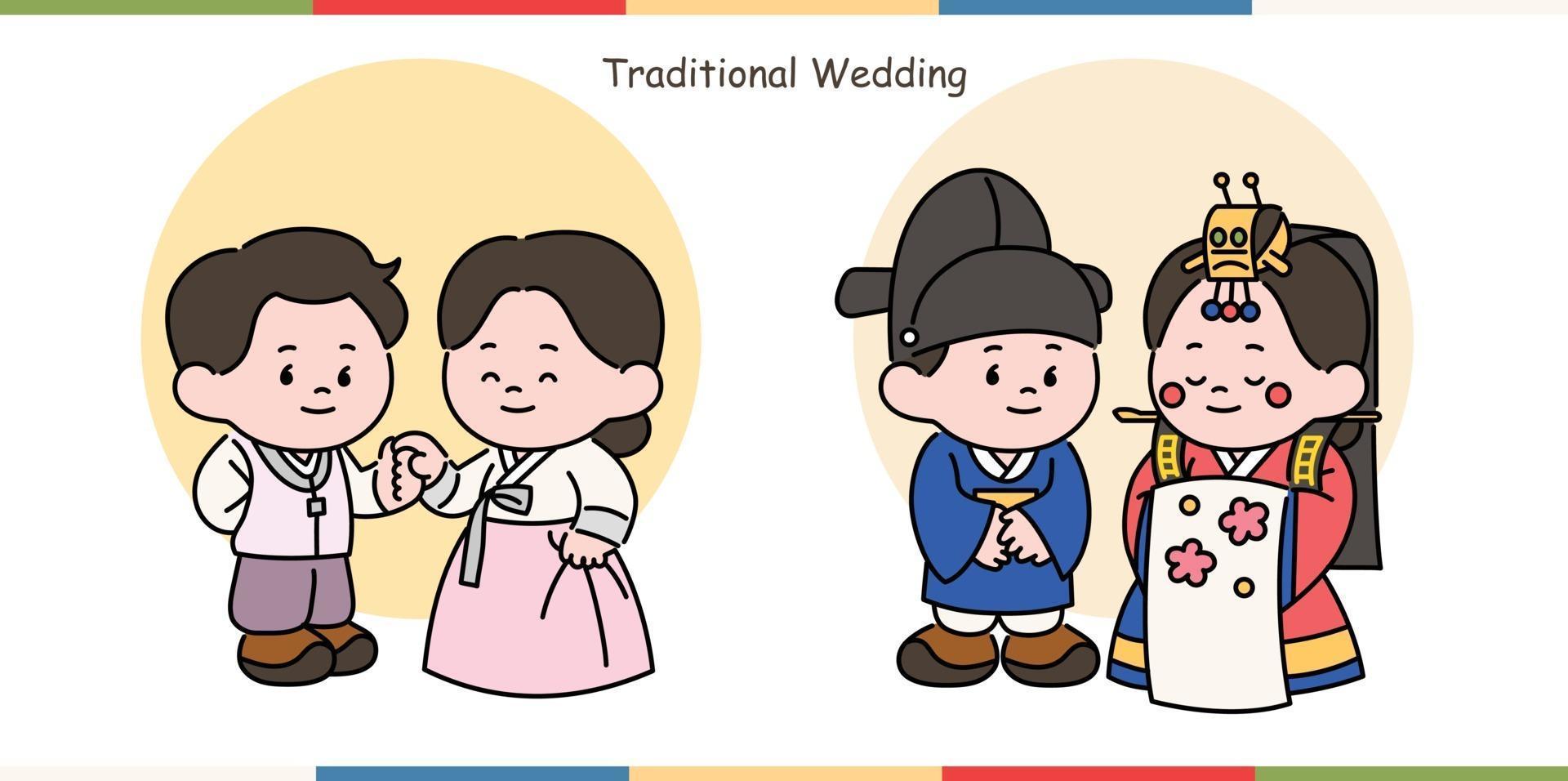 un ensemble de personnages mignons portant des costumes de mariage coréens traditionnels. illustrations de conception de vecteur de style dessiné à la main.