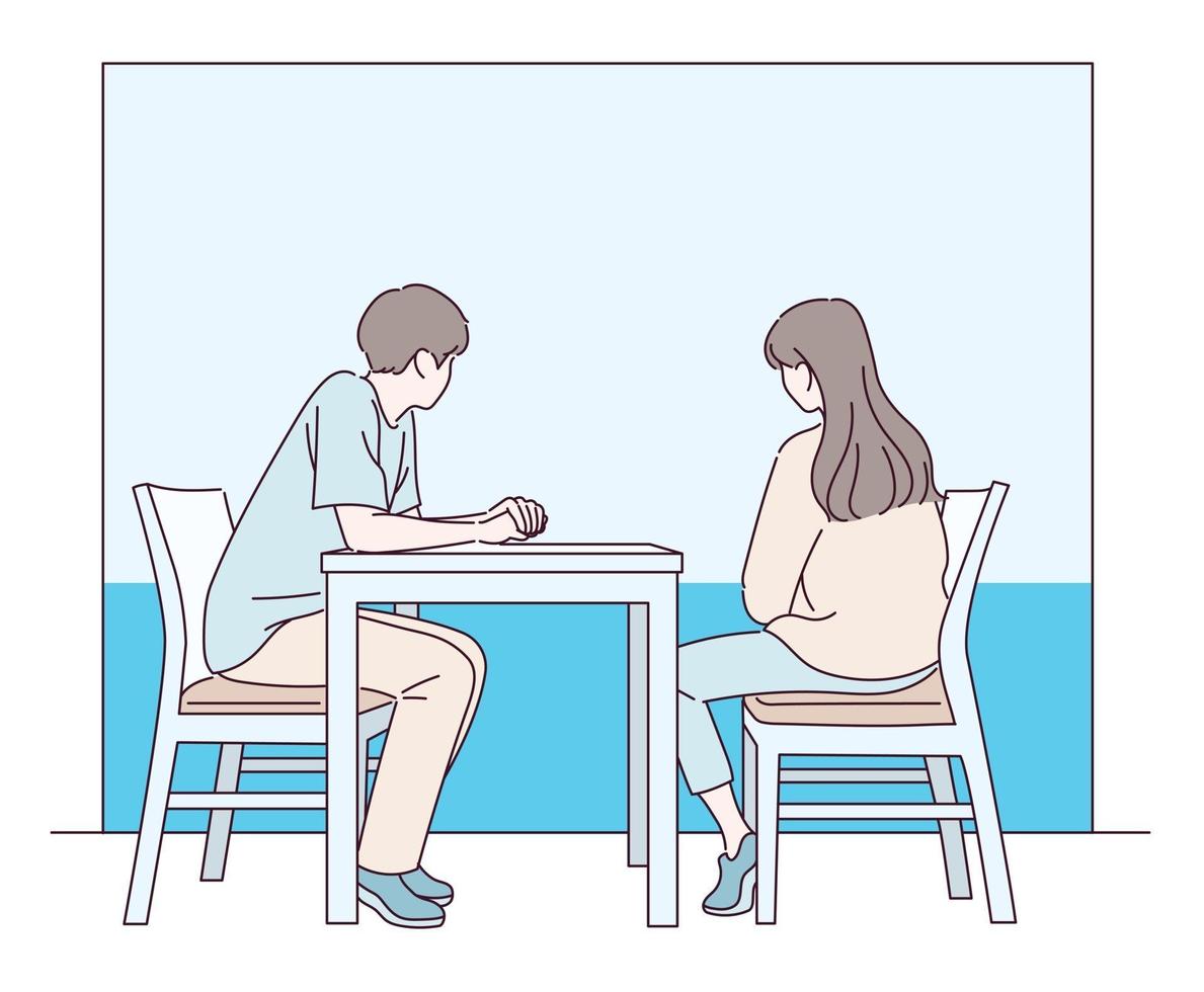 un couple est assis face à face à une table et regarde par la fenêtre. illustrations de conception de vecteur de style dessiné à la main.