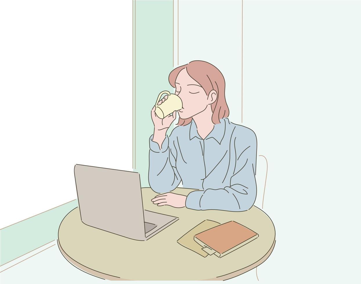 une femme est assise avec un ordinateur portable dans un café et boit du café. illustrations de conception de vecteur de style dessiné à la main.