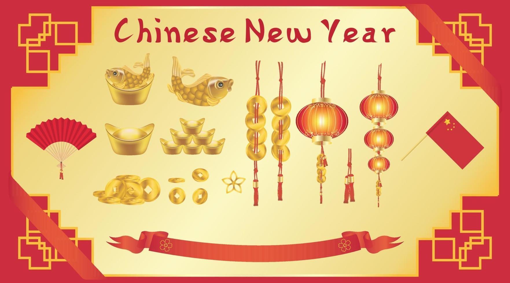 carte de nouvel an chinois avec fan chinois drapeau de lanterne de pièce de lingot d'or vecteur