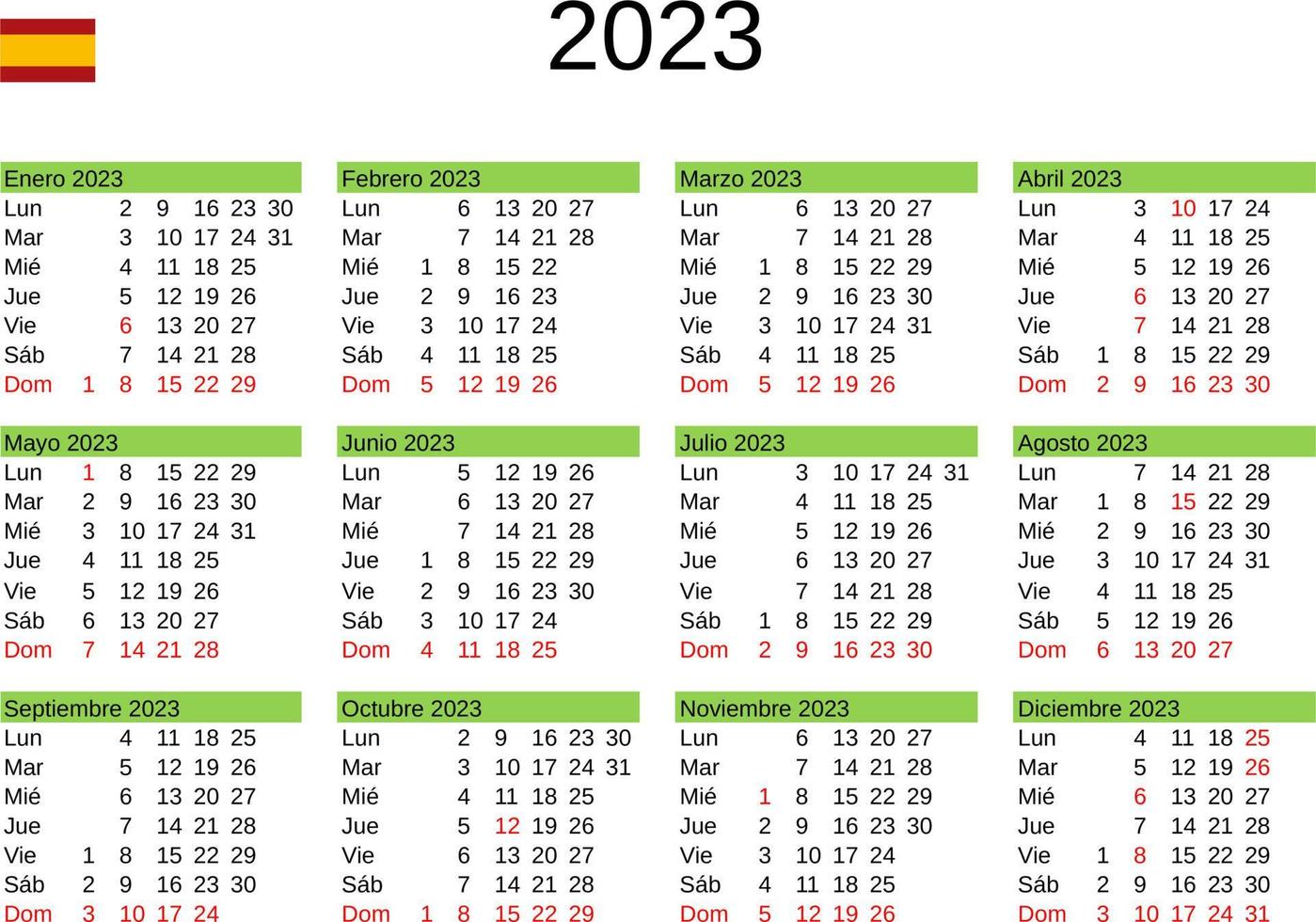année 2023 calendrier dans Espagnol avec Espagne vacances vecteur