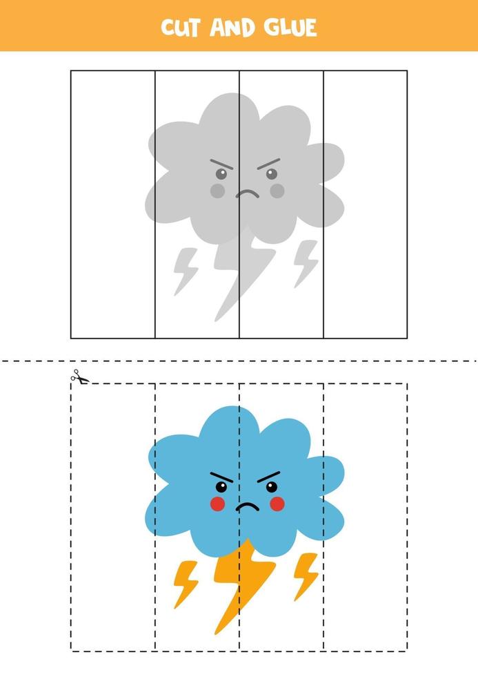 jeu de coupe et de colle pour les enfants. nuage en colère avec la foudre. vecteur