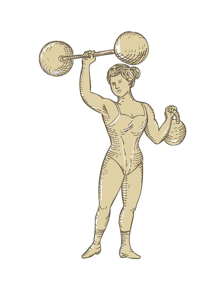 Vintage cirque strongwoman femme ou dame strongman soulevant des haltères sur une main et kettlebell dans le style de gravure de gravure vecteur