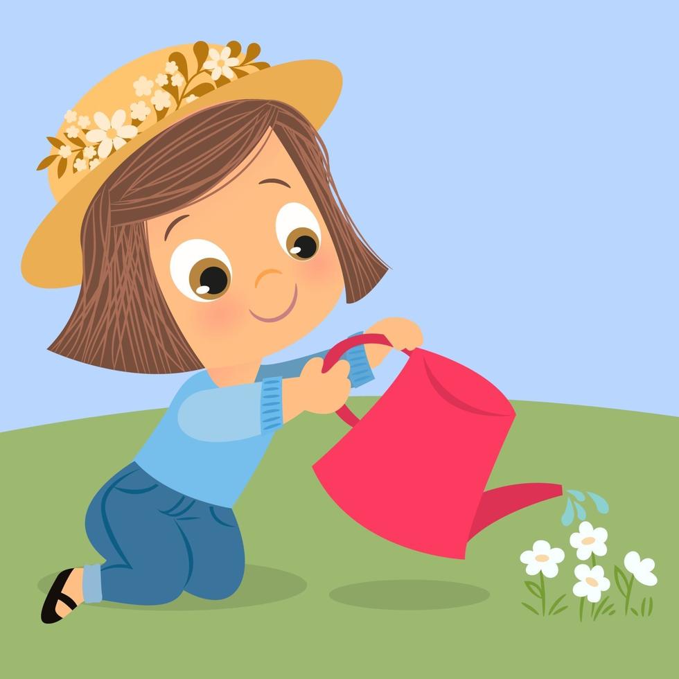 petite fille arrosant les fleurs dans le jardin vecteur