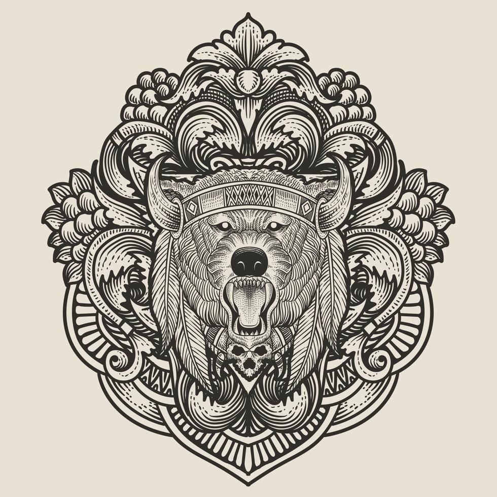 illustration de tribal ours tête avec ancien gravure ornement dans retour parfait pour votre affaires et marchandise vecteur