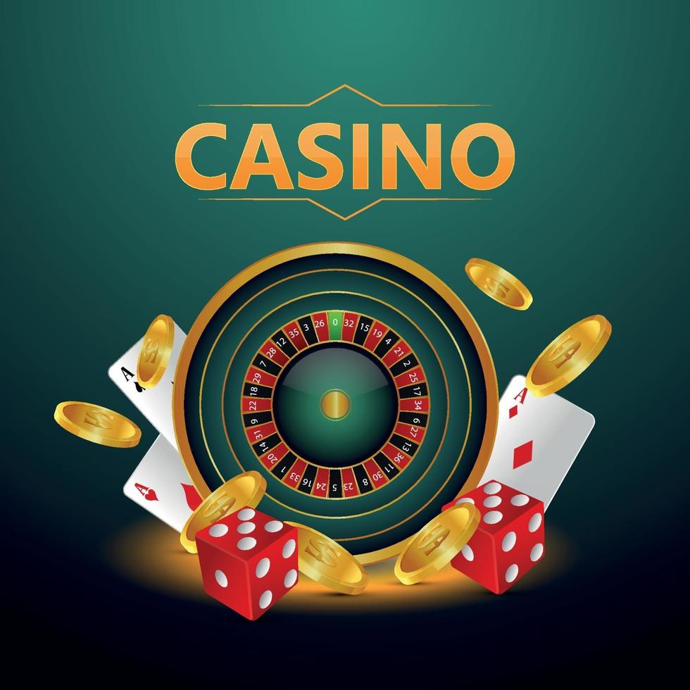 fond de casino réaliste avec des cartes, des jetons et une roue de roulette vecteur