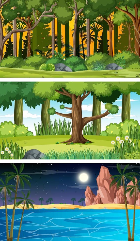 ensemble de différents types de scènes horizontales de forêt vecteur
