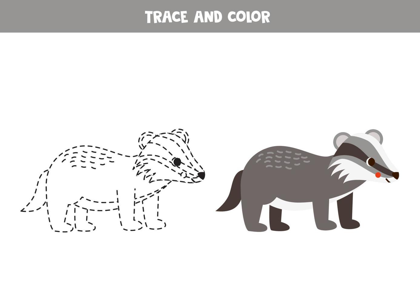 trace et Couleur dessin animé gris blaireau. feuille de travail pour les enfants. vecteur