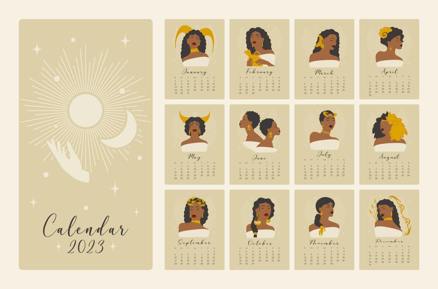 calendrier avec astrologique contemporain panneaux dessin animé illustrations. horoscope femmes symboles personnalités. personnage ensemble pour commercial, animation, impression vecteur