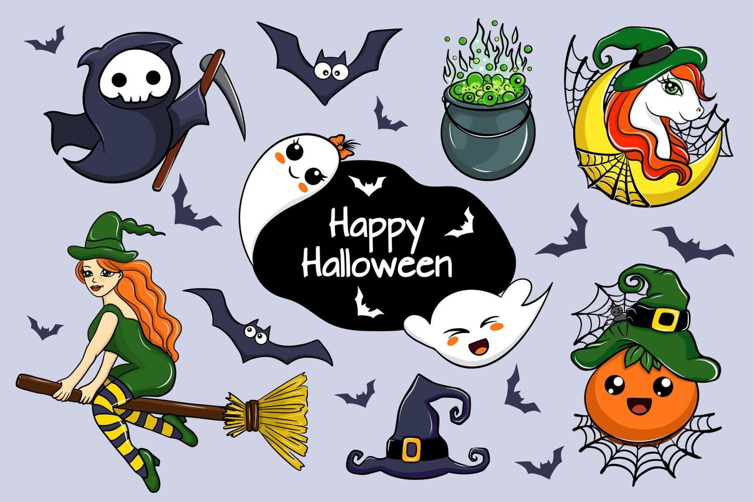 ensemble de dessin animé personnages pour Halloween. mignonne des fantômes, chauves-souris, sorcière, citrouille, peu décès et Licorne, vecteur illustration