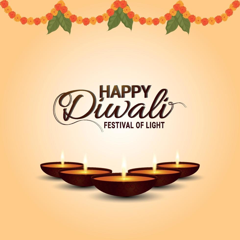 le festival de la lumière joyeux diwali célébration carte de voeux avec guirlande de fleurs et diwali diya vecteur