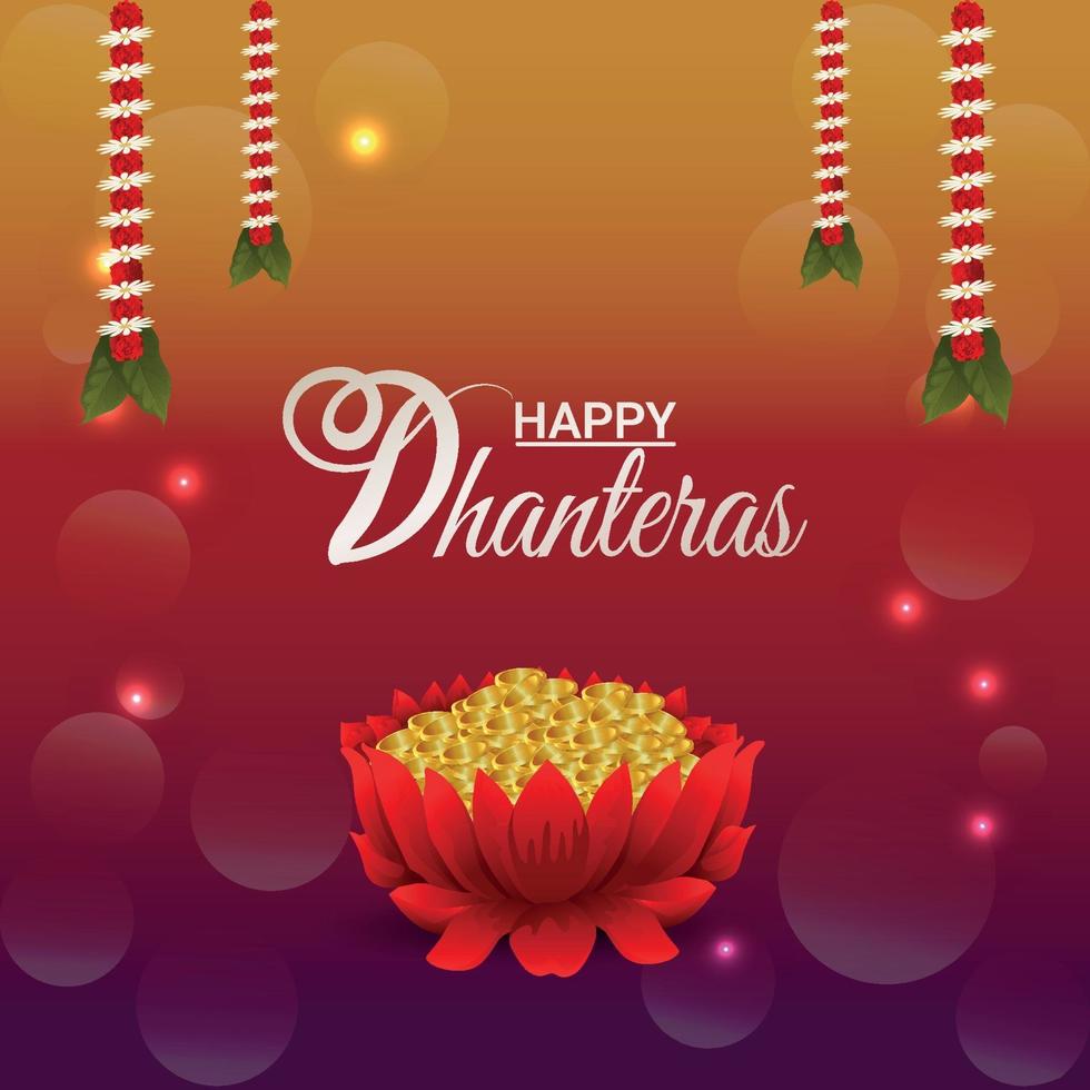 Carte de voeux de célébration de dhanteras heureux avec fleur de guirlande et pièce d'or vecteur