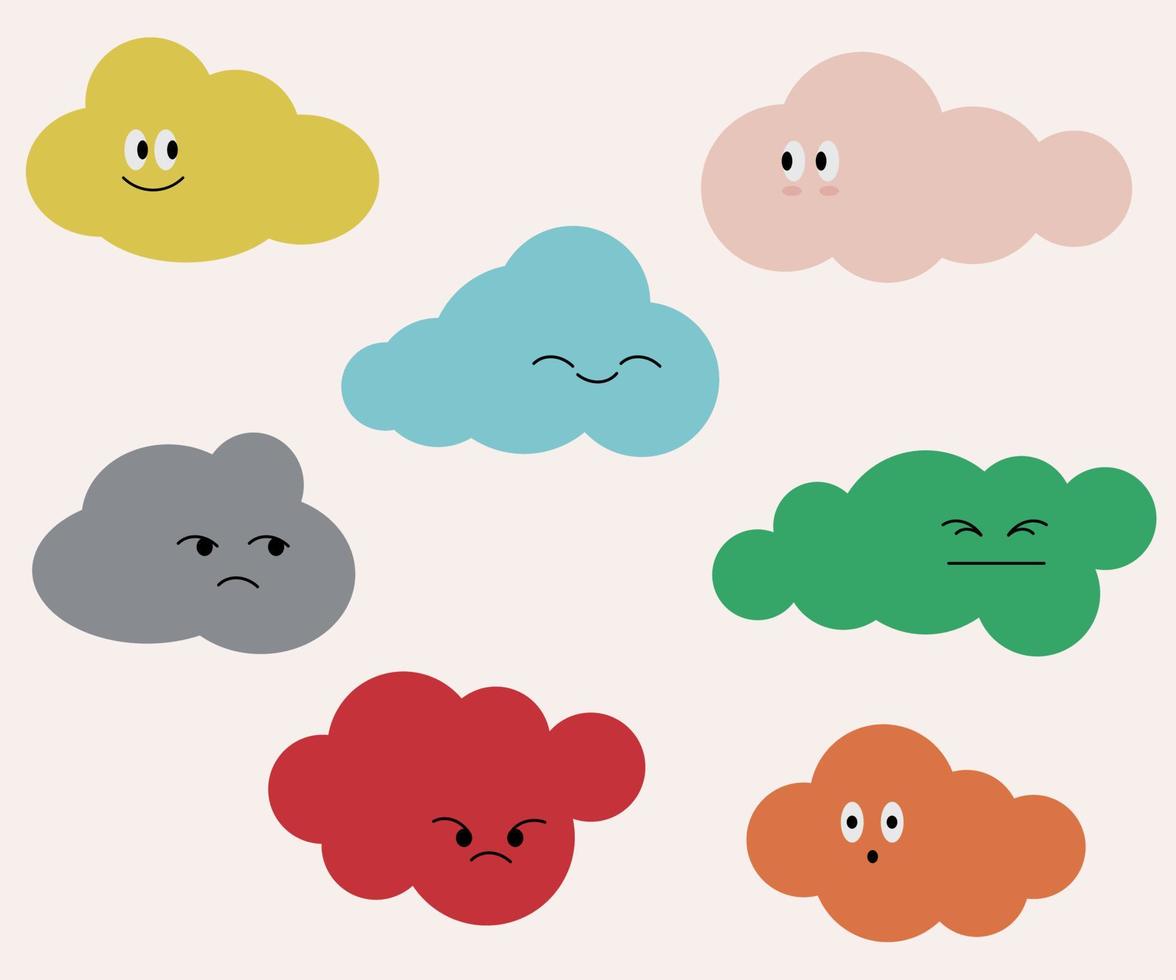 ensemble de coloré des nuages avec différent les types de émotion vecteur