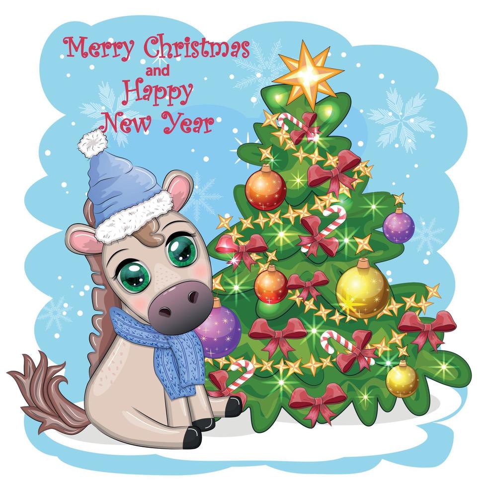 mignonne cheval, poney dans Père Noël chapeau avec bonbons Kane, Noël balle, cadeau, la glace patinage. hiver est à venir vecteur