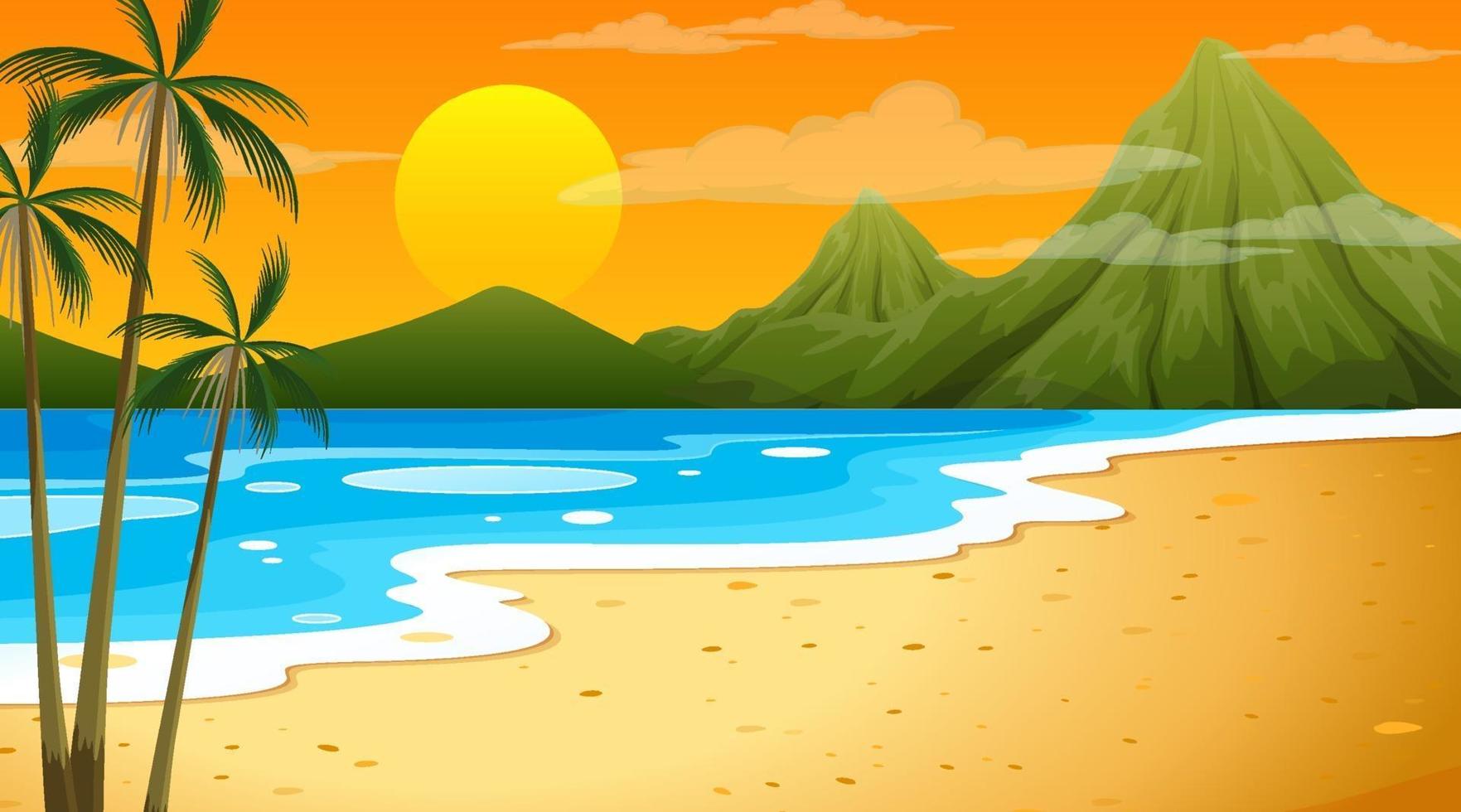 plage au coucher du soleil scène de paysage avec fond de montagne vecteur