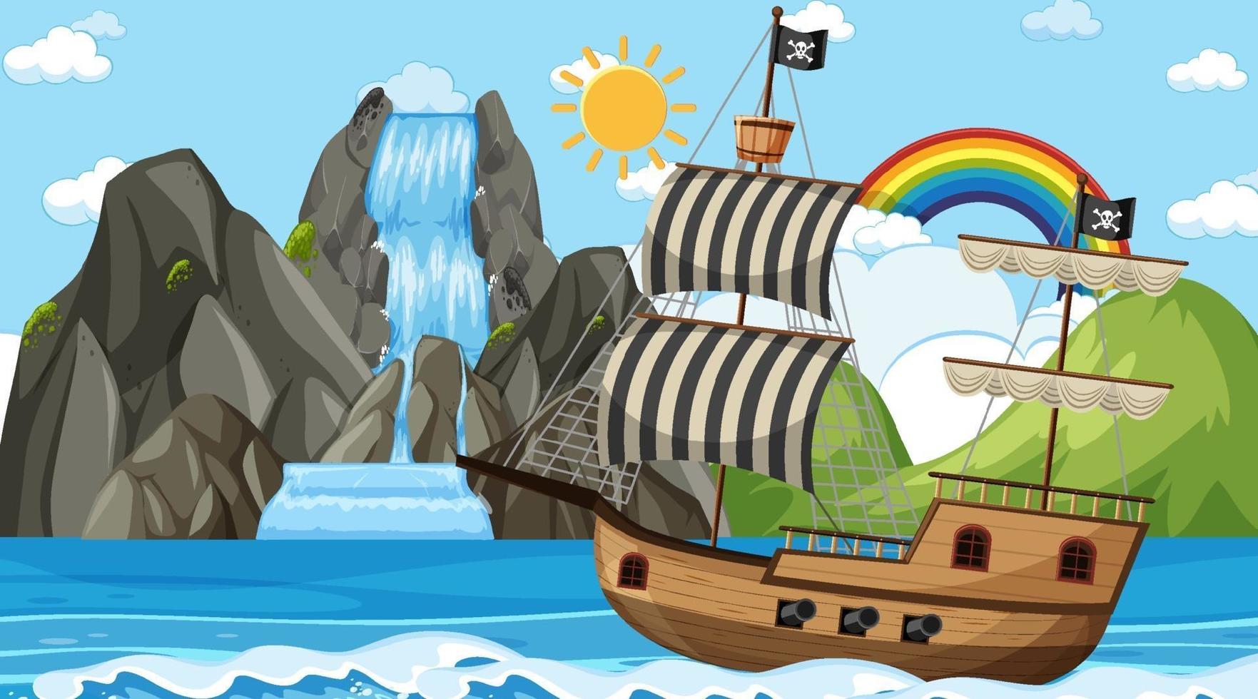 océan avec bateau pirate à la scène de jour en style cartoon vecteur