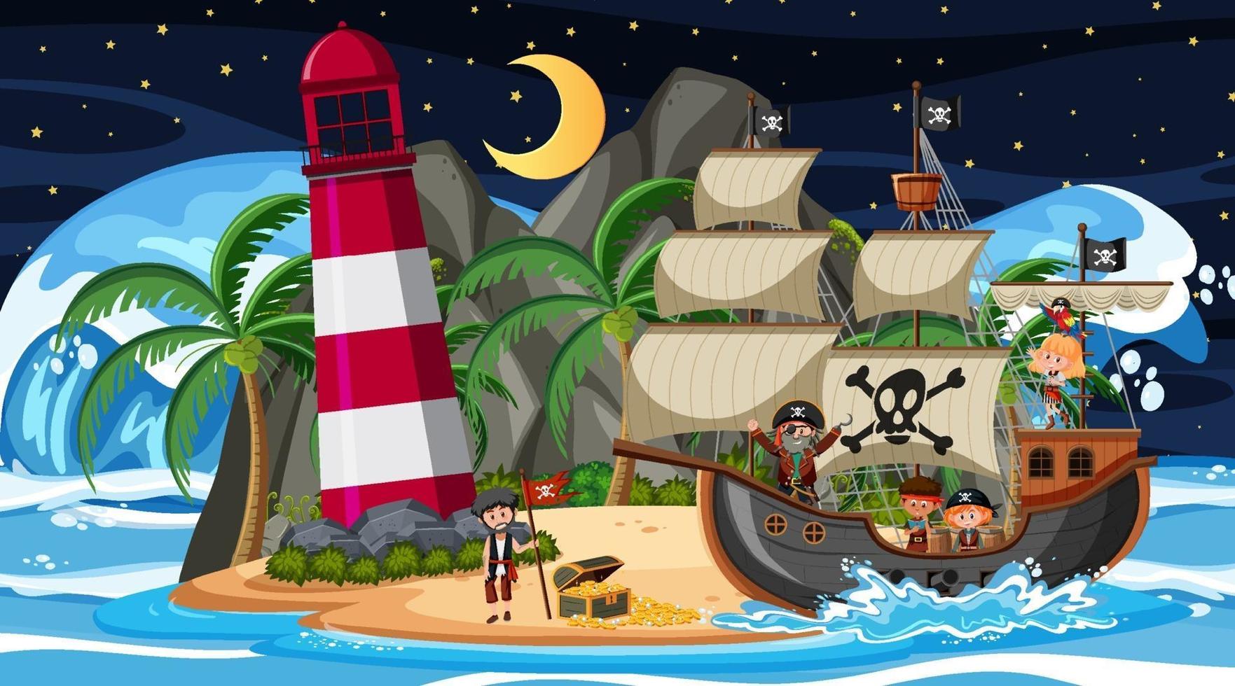 plage de nuit avec personnage de dessin animé enfants pirate sur le navire vecteur