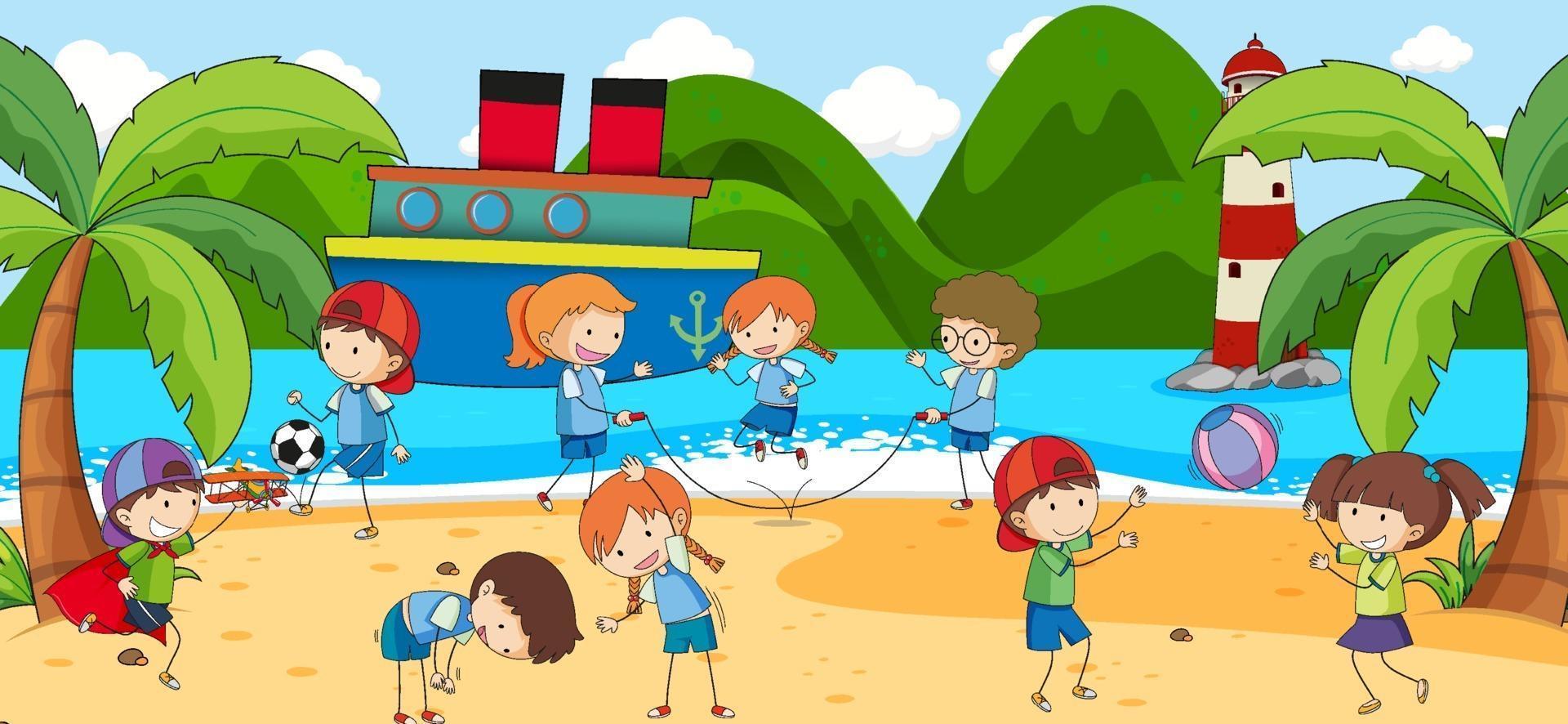 scène de plage avec de nombreux enfants personnage de dessin animé doodle vecteur