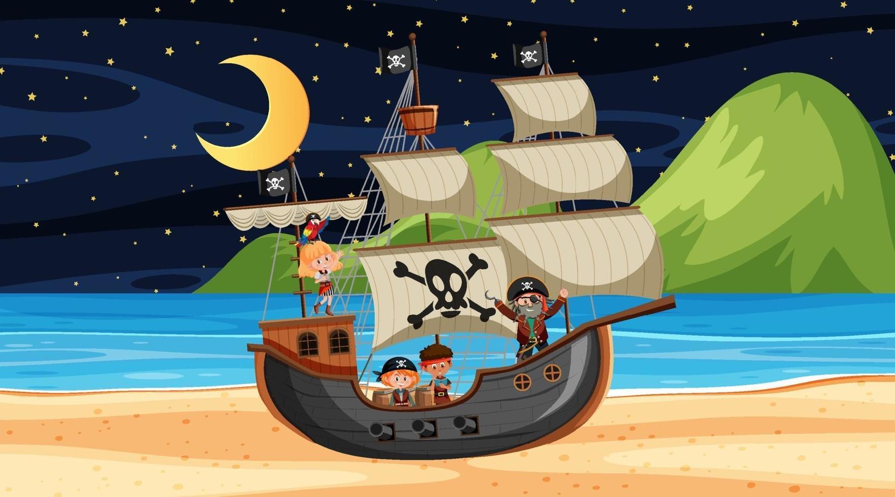 plage avec bateau pirate à la scène de nuit en style cartoon vecteur