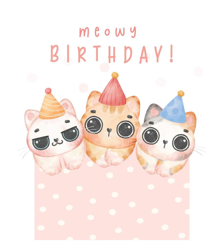 groupe de Trois adorable chaton chats différent races miaou anniversaire aquarelle illustration salutation carte vecteur