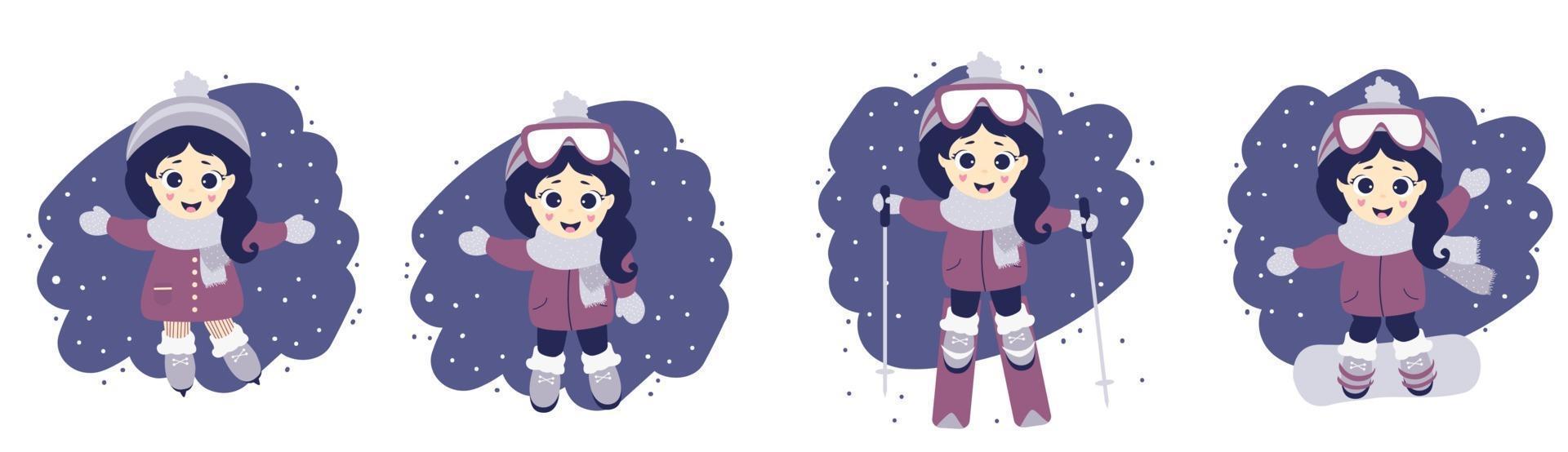 ensemble de fille et sport d'hiver. jolie fille en ski, patinage sur glace et snowboard sur fond bleu avec de la neige. illustration vectorielle. collection pour enfants pour cartes postales, design et impression. design plat vecteur