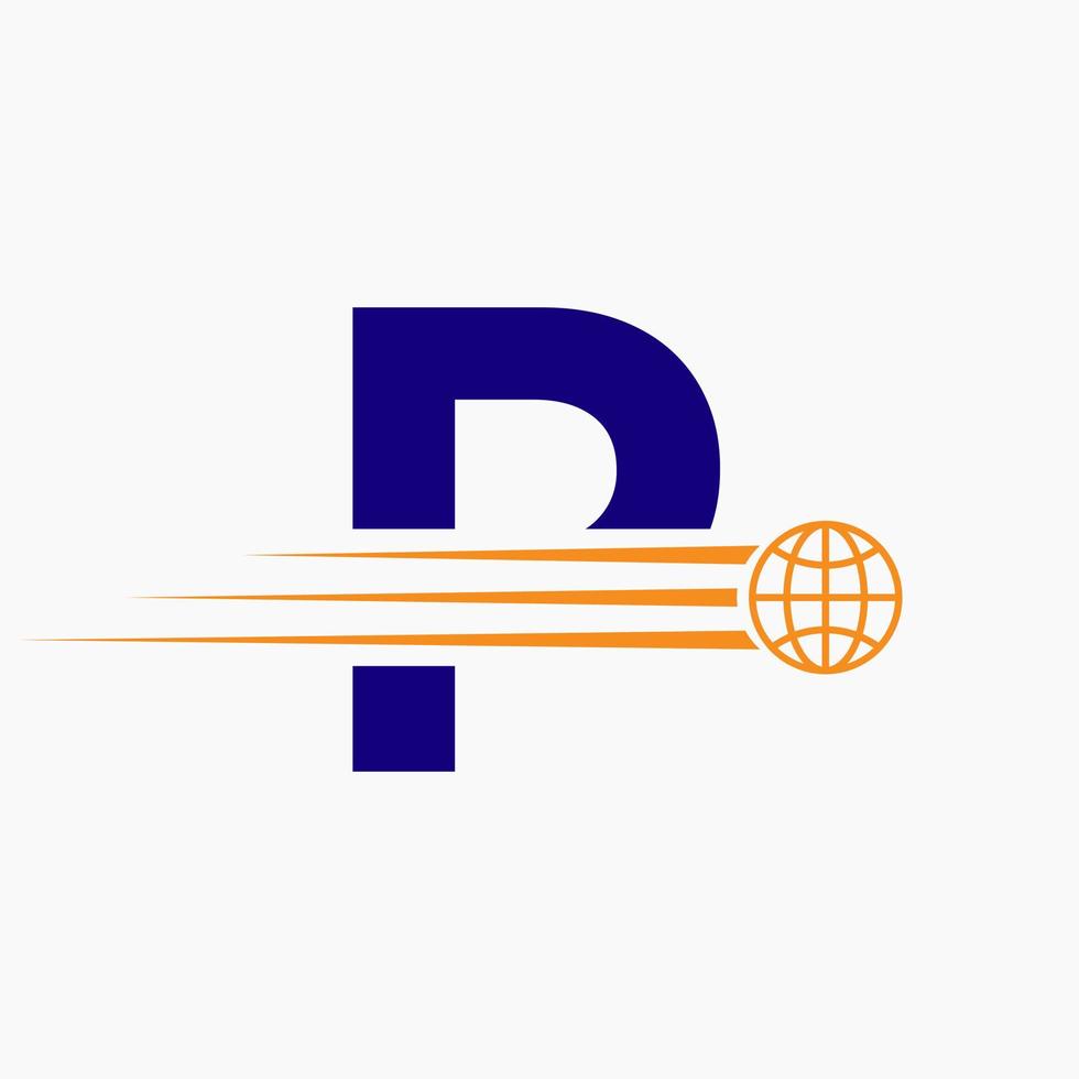 concept de logo global lettre p avec l'icône du monde en mouvement. modèle de vecteur de symbole de logo mondial