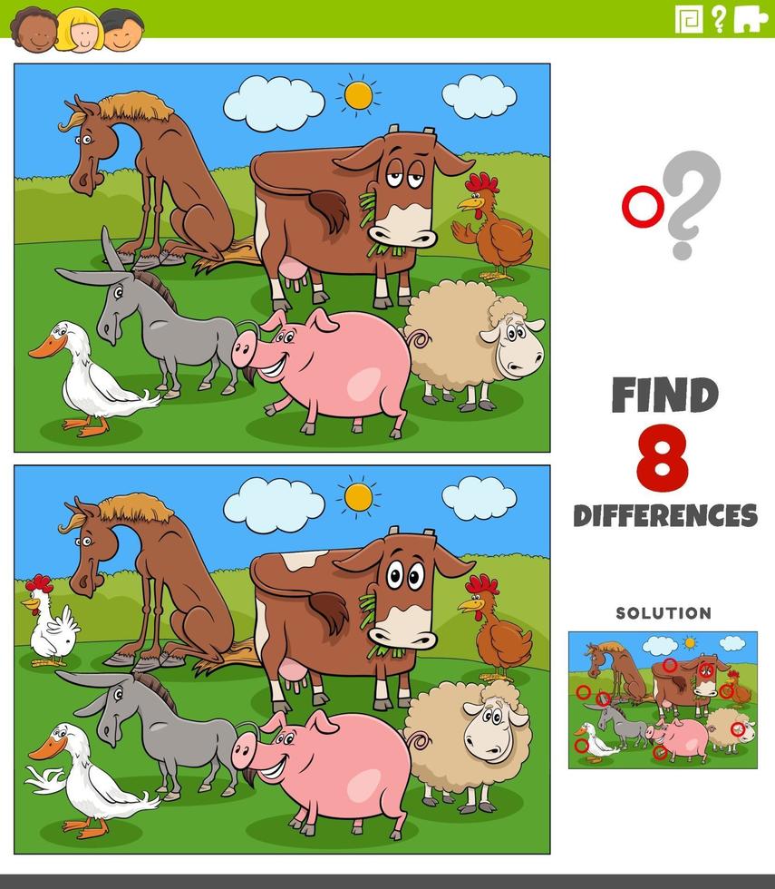 jeu éducatif de différences avec des animaux de la ferme de dessin animé vecteur