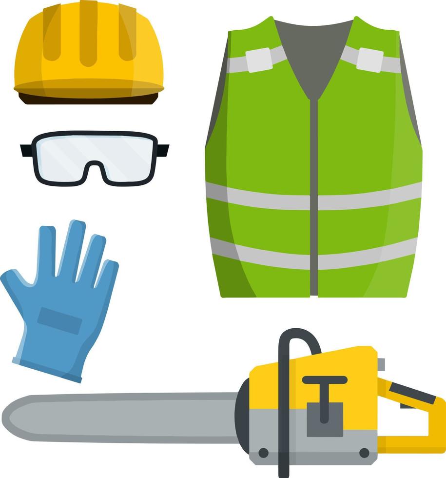 ensemble de vêtements constructeur et ouvrier. dessin animé plat illustration. tronçonneuse de bûcheron. Jaune gilet, casque, lunettes, gants. réparation et entretien. sécurité et outils pour Coupe des arbres vecteur