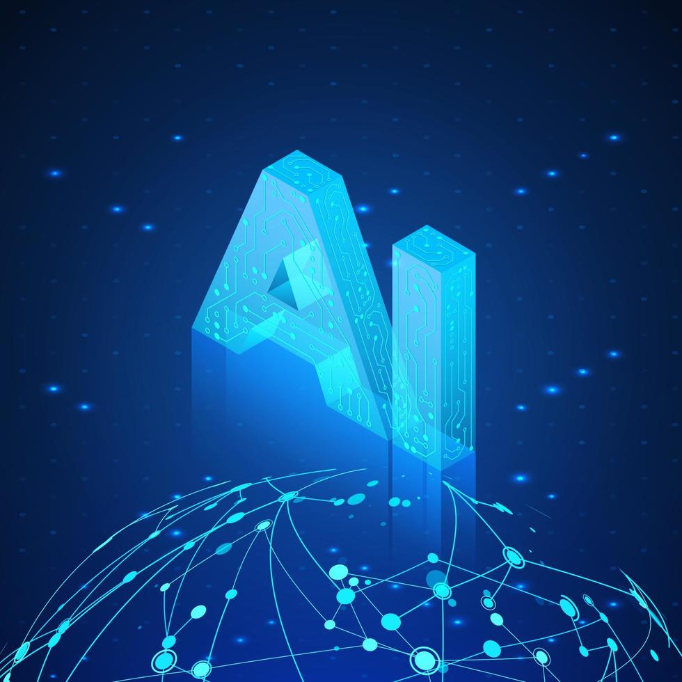 ai hologramme plus de global réseau. artificiel intelligence isométrique bannière. futuriste La technologie Contexte. vecteur