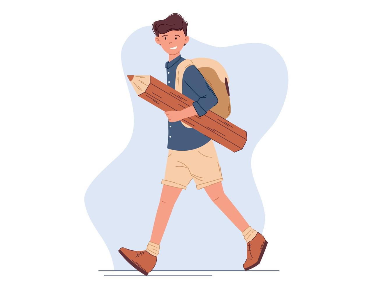 plat étudiant avec une sac à dos en marchant et en portant une énorme crayon. vecteur isolé dessin animé Jeune homme dans shorts.