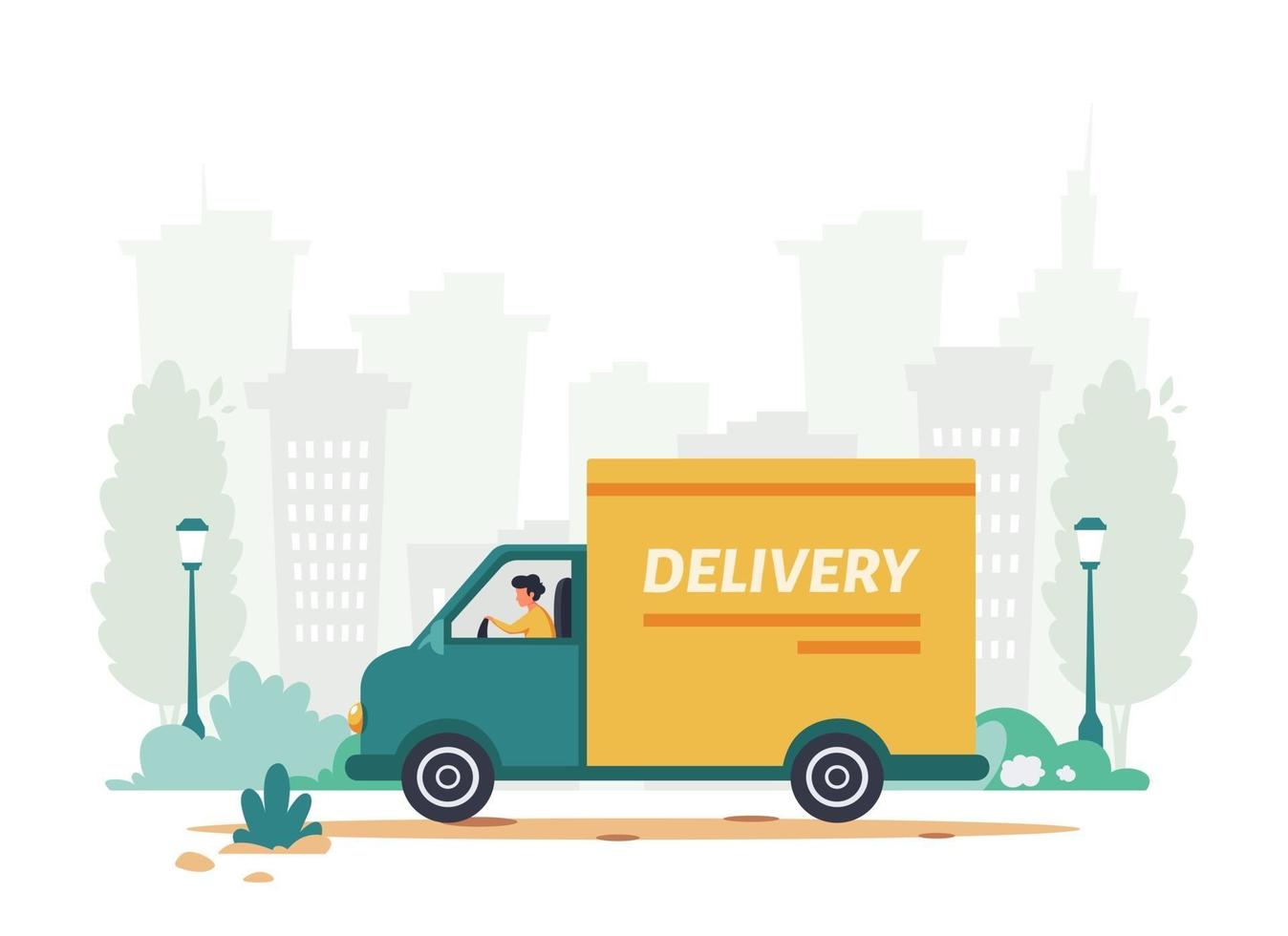 concept de service de livraison. courrier à cheval en camion. fond de la ville. illustration vectorielle vecteur