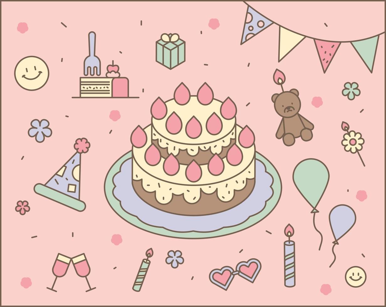 gâteaux et décorations de fête d'anniversaire. esquisser une illustration vectorielle simple. vecteur