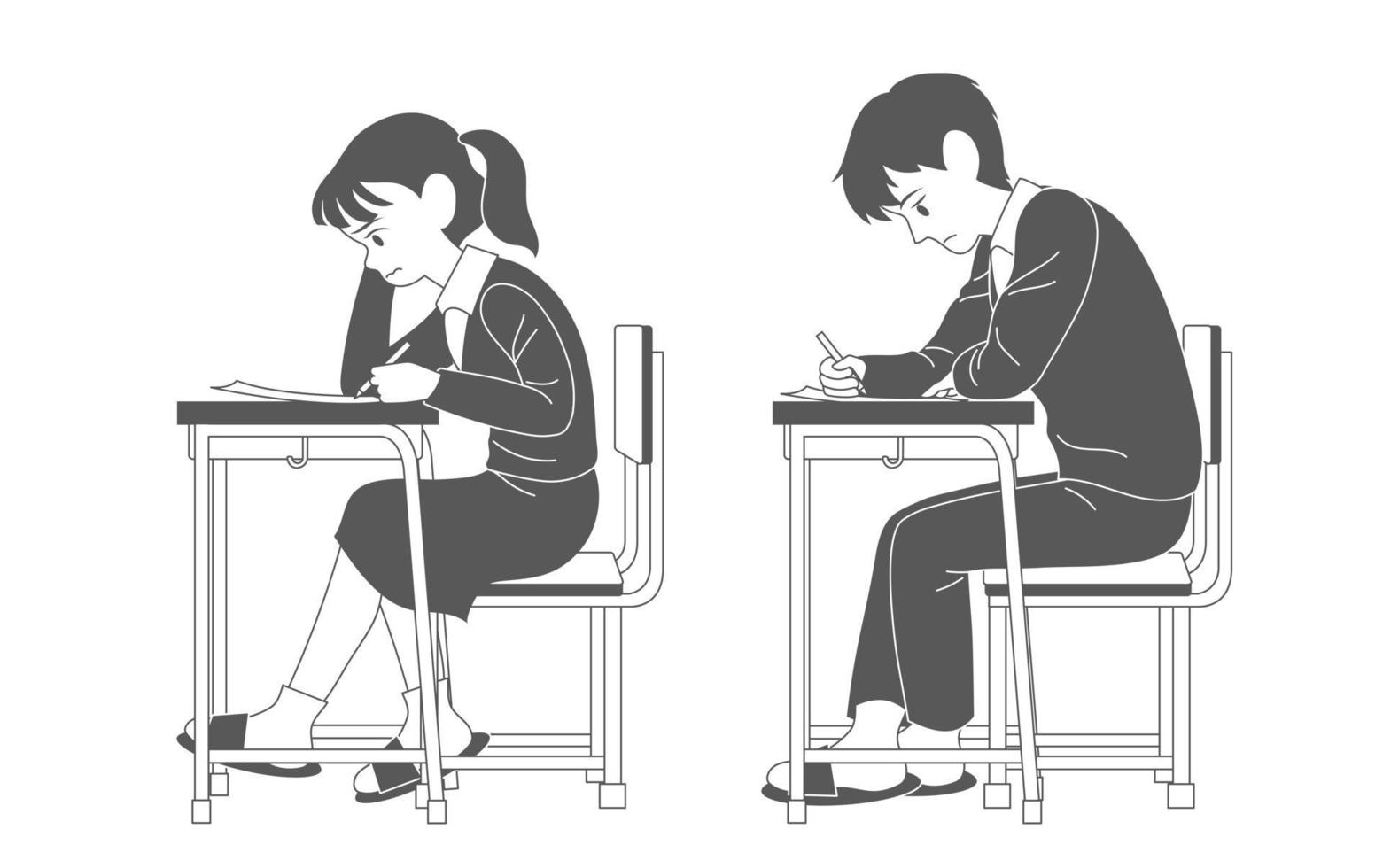 les élèves en uniforme scolaire passent un examen. illustrations de conception de vecteur de style dessiné à la main.