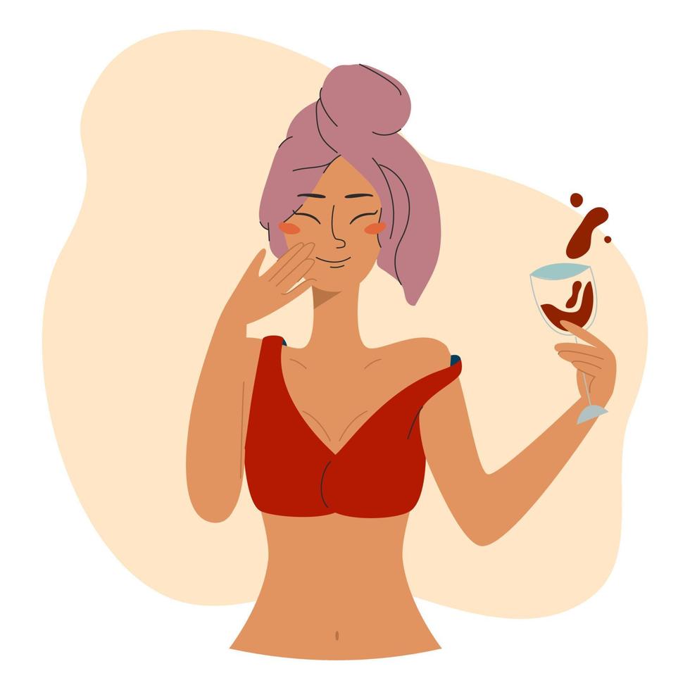 content femme avec verre de du vin dans main et serviette sur tête dans rouge Haut. soi se soucier concept. vecteur Stock illustration sur liquide pastel Contexte.