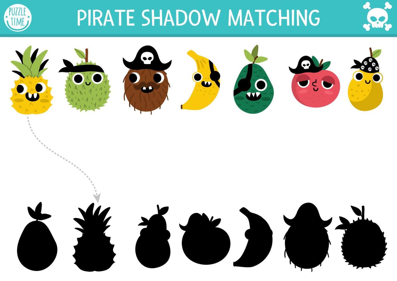 pirate ombre correspondant à activité. Trésor île chasser puzzle avec mignonne fruit pirates. trouver correct silhouette imprimable feuille de travail. mer aventures page pour des gamins avec pomme, banane vecteur